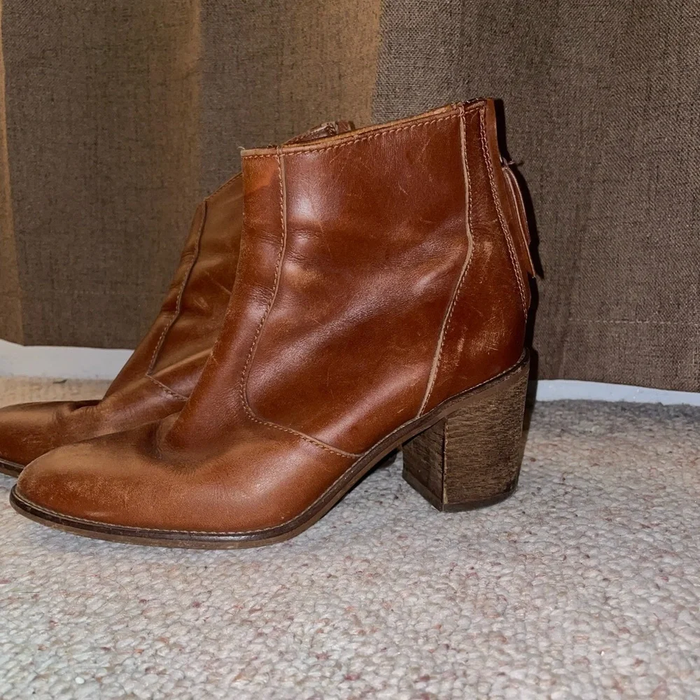 Madewell Brown Ankle Boot with Chunky Heel Western Leather Comfy Zip Up Cowgirl